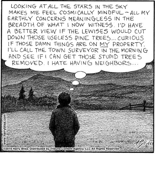 "Looking at all the stars in the sky makes me feel cosmically mindful—all my earthly concerns meaningless in the breadth of what I now witness. I’d have a better view if the Lewises would cut down those useless pine trees... Curious if those damn things are on my property. I’ll call the town surveyor in the morning and see if I can get those stupid trees removed. I hate having neighbors..."