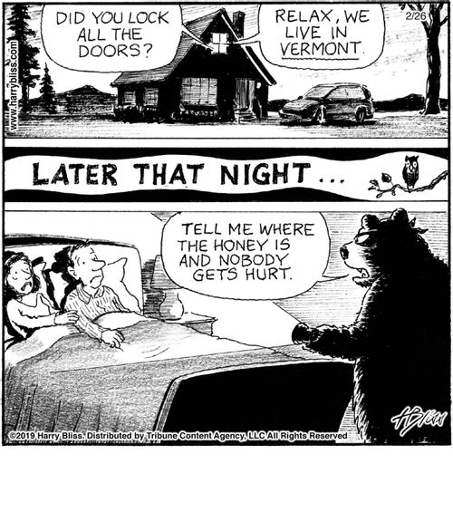 "Did you lock all the doors?"   "Relax, we live in Vermont."  "Later that night..."    "Tell me where the honey is and nobody gets hurt."