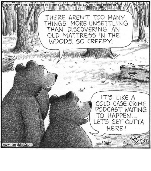 "There aren't too many things more unsettling than discovering an old mattress in the woods. So creepy."  "It's like a cold case crime podcast waiting to happen... Let's get outta here!"
