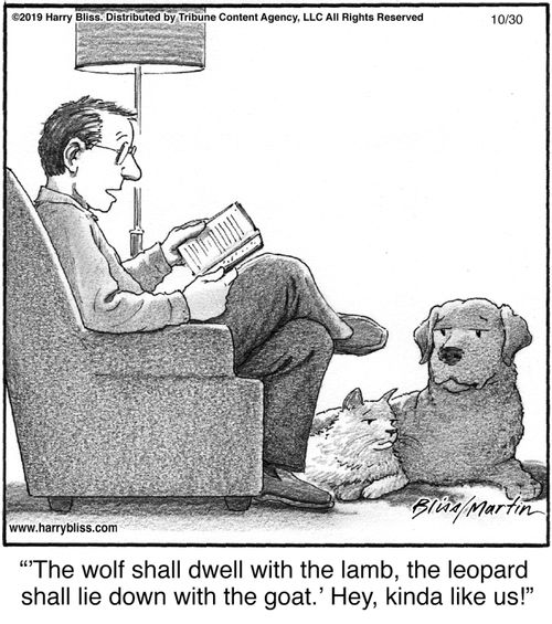 "The wolf shall dwell with the lamb, the leopard shall lie down with the goat.' Hey, kinda like us!"