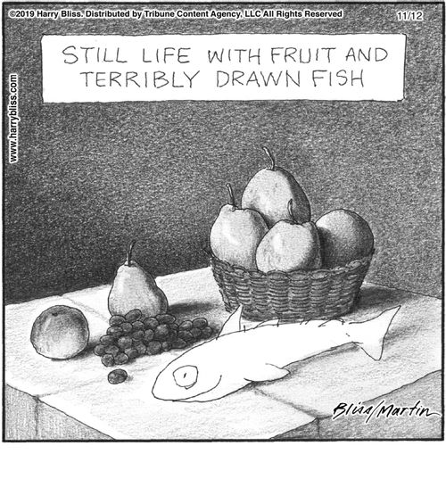 "Still life with fruit and terribly drawn fish"