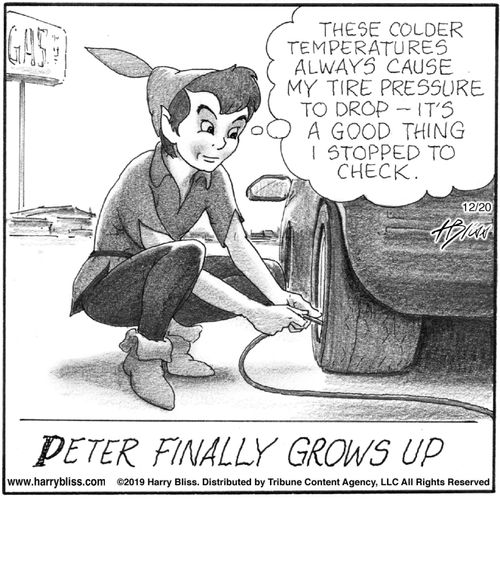 "These colder temperatures always cause my tire pressure to drop—it's a good thing I stopped to check."  Peter finally grows up.