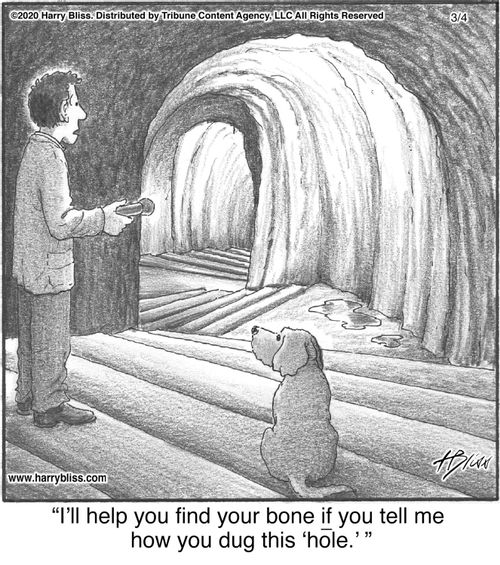 "I'll help you find your bone if you tell me how you dug this 'hole.'"