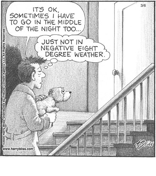 "It's ok, sometimes I have to go in the middle of the night too... Just not in negative eight degree weather."