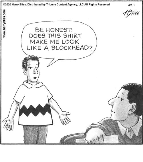 "Be honest: Does this shirt make me look like a blockhead?"