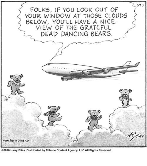 "Folks, if you look out of your window at those clouds below, you'll have a nice view of the Grateful Dead dancing bears."