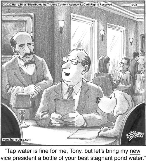 "Tap water is fine for me, Tony, but let’s bring my new vice president a bottle of your best stagnant pond water."