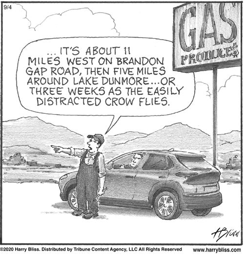 "...It's about 11 miles west on Brandon Gap Road, then five miles around Lake Dunmore...or three weeks as the easily distracted crow flies."