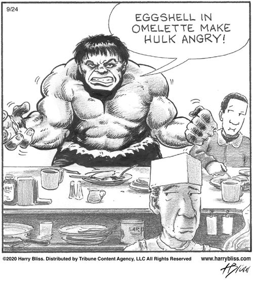 "Eggshell in omelette make Hulk angry!"