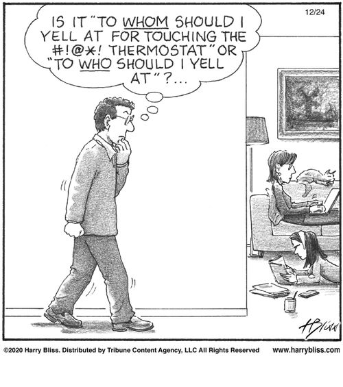 "Is it 'To whom should I yell at for touching the #!@*! thermostat' or 'To who should I yell at'?..."