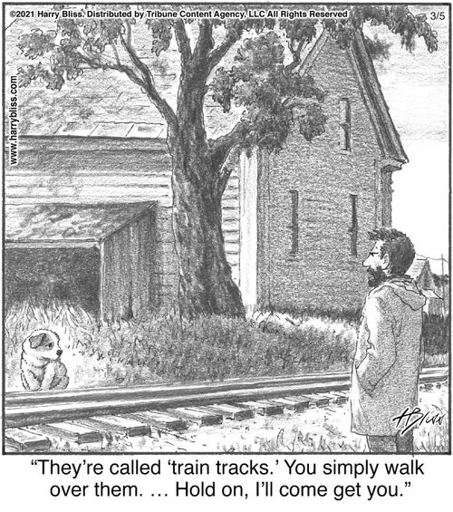 "They’re called ‘train tracks.’ You simply walk over them. … Hold on, I’ll come get you."