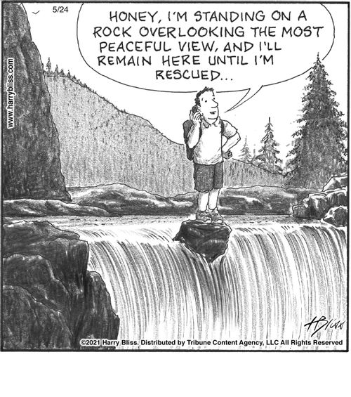 "Honey, I'm standing on a rock overlooking the most peaceful view, and I'll remain here until I'm rescued..."