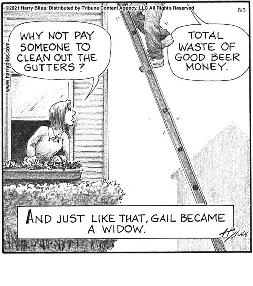 "Why not pay someone to clean out the gutters?"   "Total waste of good beer money."   And just like that, Gail became a widow.