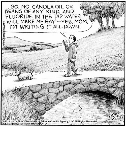 "So, no canola oil or beans of any kind, and fluoride in the tap water will make me gay—yes, Mom, I'm writing it all down."