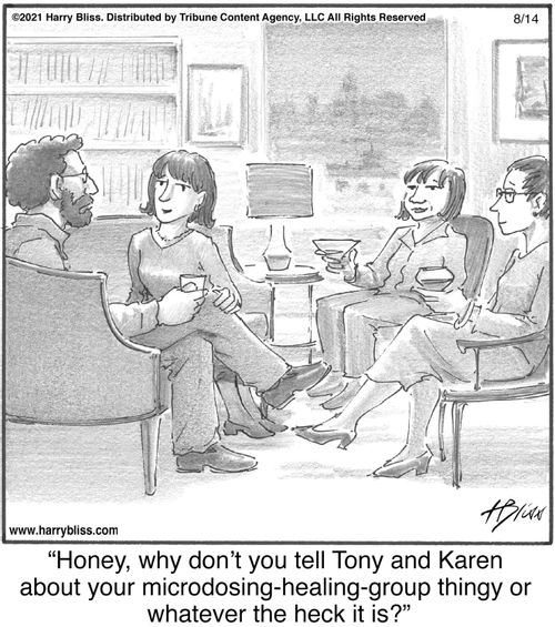 "Honey, why don’t you tell Tony and Karen about your microdosing-healing-group thingy or whatever the heck it is?"