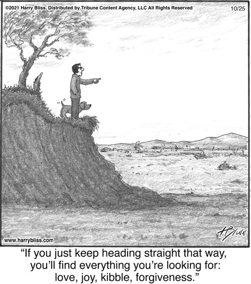 "If you just keep heading straight that way, you'll find everything you're looking for: love, joy, kibble, forgiveness."