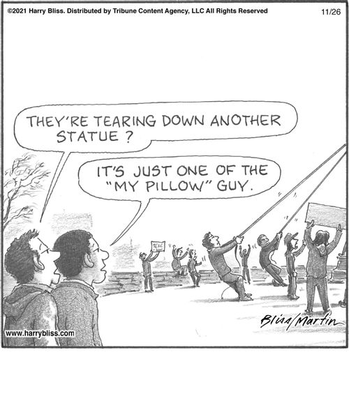 "They're tearing down another statue?"   "It's just one of the 'My Pillow' guy."