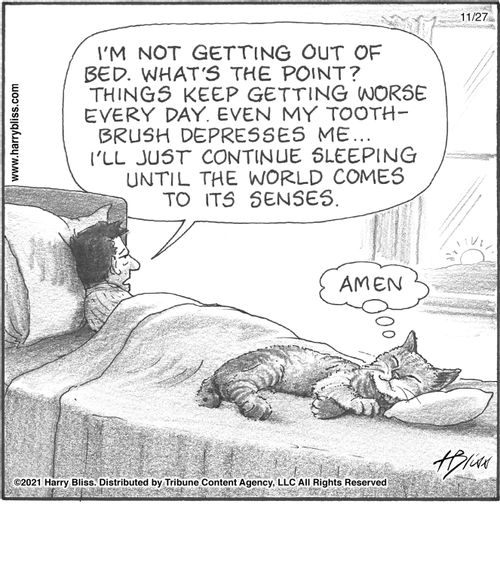 "I'm not getting out of bed. What's the point? Things keep getting worse every day. Even my toothbrush depresses me... I'll just continue sleeping until the world comes to its senses." "Amen."