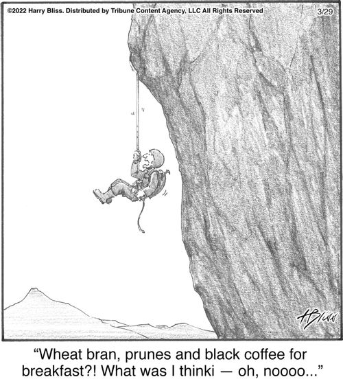 "Wheat bran, prunes and black coffee for breakfast?! What was I thinki — oh, noooo..."