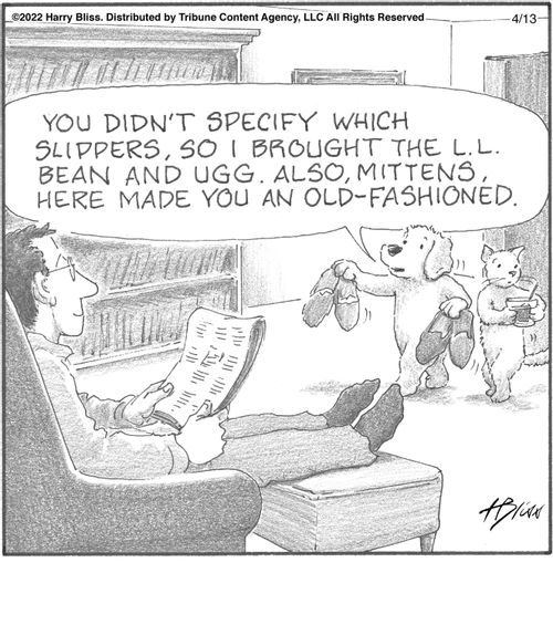 "You didn't specify which slippers, so I brought the L.L. Bean and UGG. Also, Mittens here made you an old-fashioned."