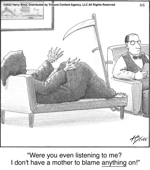 "Were you even listening to me? I don't have a mother to blame anything on!"
