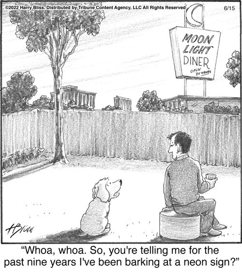 "Whoa, whoa. So, you're telling me for the past nine years I've been barking at a neon sign?"