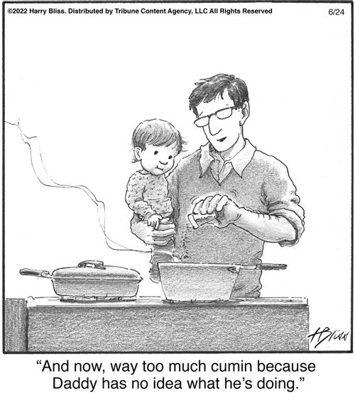 "And now, way too much cumin because Daddy has no idea what he's doing."