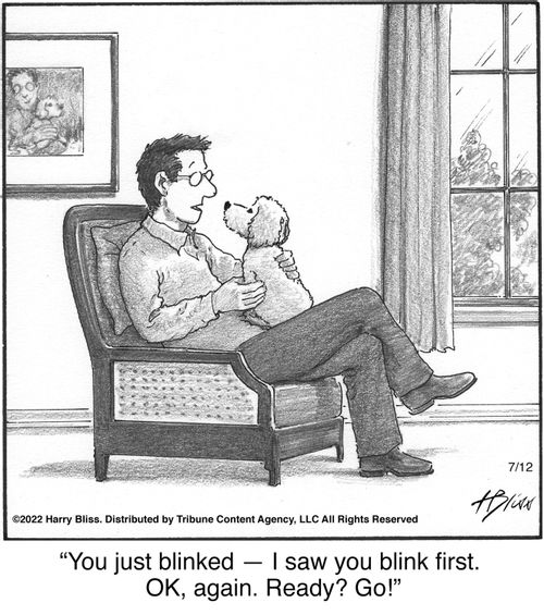 "You just blinked — I saw you blink first. OK, again. Ready? Go!"