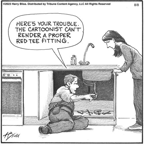 "Here's your trouble. The cartoonist can't render a proper red tee fitting."