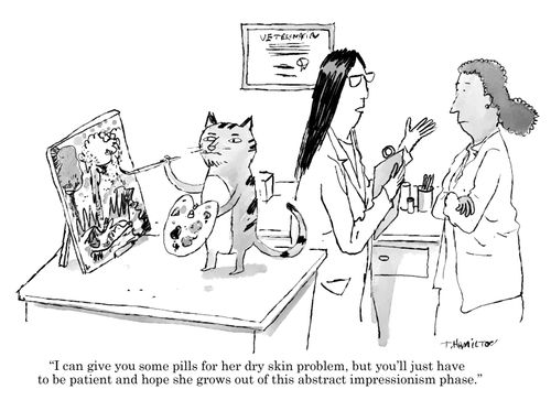 "I can give you some pills for her dry skin problem, but you'll just have to be patient and hope she grows out of this abstract impressionism phase."