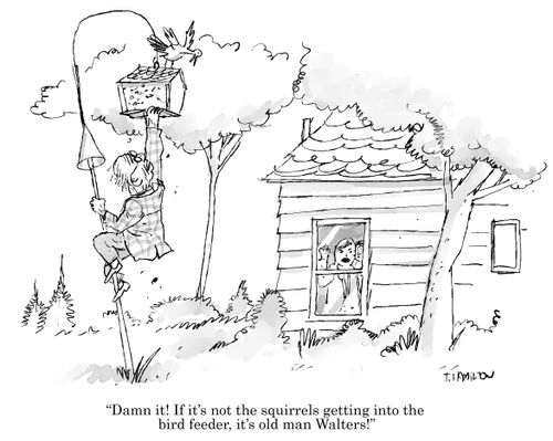 "Damn it! If it's not the squirrels getting into the bird feeder, it's old man Walters!"
