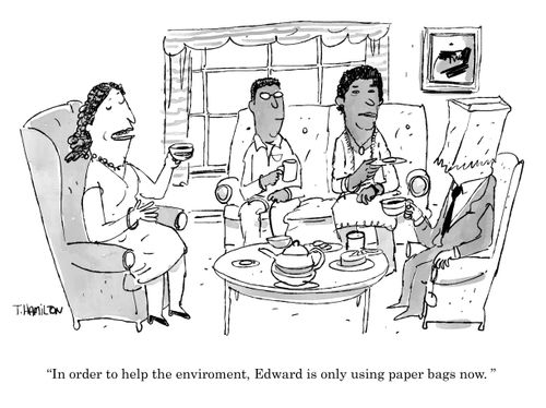 "In order to help the environment, Edward is only using paper bags now."