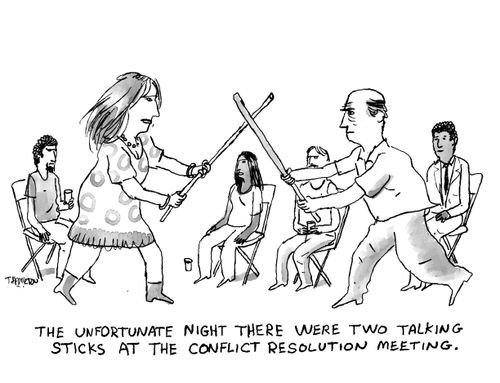 The unfortunate night there were two talking sticks at the conflict resolution meeting.