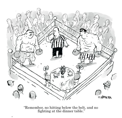 "Remember, no hitting below the belt, and no fighting at the dinner table."
