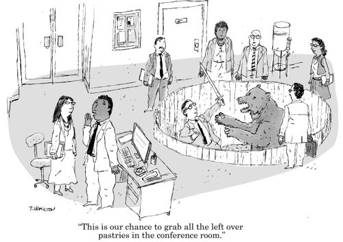 "This is our chance to grab all the left over pastries in the conference room."