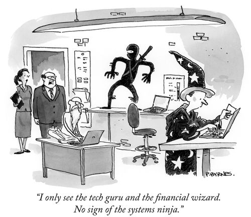 "I only see the tech guru and the financial wizard. No sign of the systems ninja."