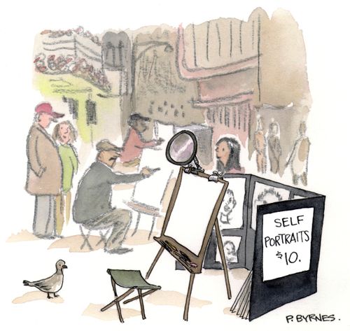 An empty chair sits in front of an artist's easel equipped with a mirror; a nearby sign reads "Self Portraits $10."
