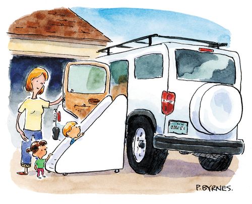 A mom watches as her children get into a large SUV using a staircase.