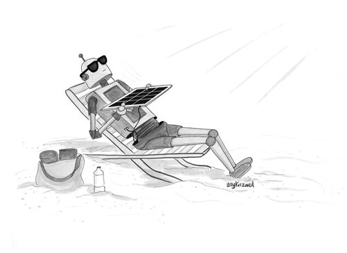 A robot tans himself in the sun while holding a solar panel so he can recharge.