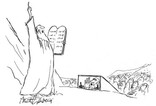 Moses is fed lines by a prompter as he makes a speech to the Israelites after receiving the Ten Commandments.