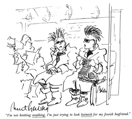 "I'm not knitting anything. I'm just trying to look haimish for my Jewish boyfriend."