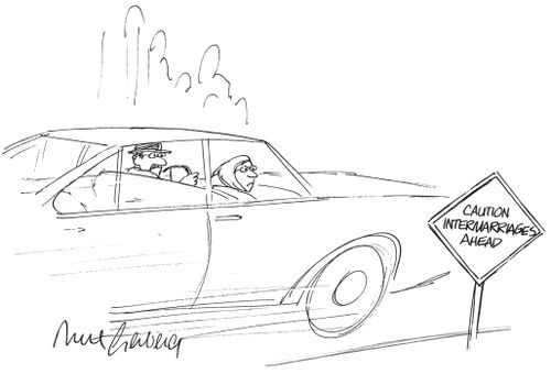 A couple drives past a sign that reads "Caution Intermarriages Ahead".