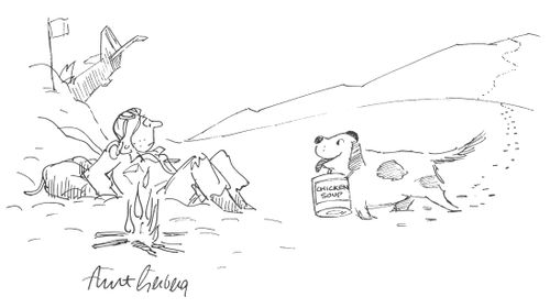 A St. Bernard wearing a yarmulke comes to rescue a stranded pilot wearing a cask of chicken soup.