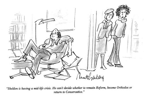 "Sheldon is having a mid-life crisis. He can't decide whether to remain Reform, become Orthodox or return to conservative