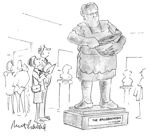 A man and woman look at a statue of an older looking woman with a mixing bowl and apron titled "The Baleboosteh".