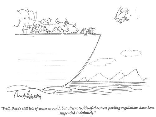 "Well, there's still lots of water around, but alternate-side-of-the-street parking regulations have been suspended indefinitely."