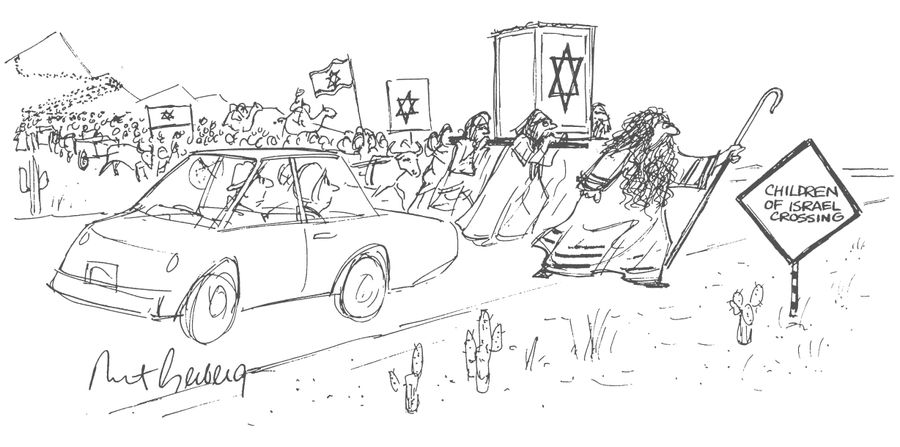 A car stops at a road sign that reads "Children of Israel Crossing" as Moses leads the Israelites across the road.