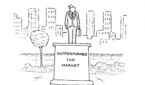 A statue of a businessman in a park with an inscription that reads "Outperformed the market".