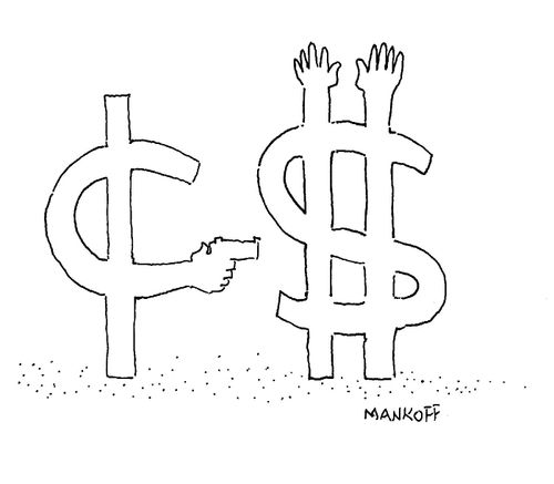 Cent holding up dollar.