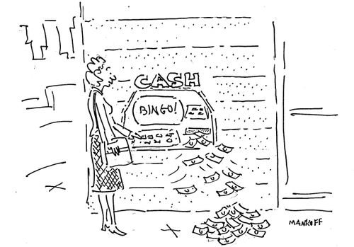 A woman standing next to an ATM that says "BINGO!" and is spitting out cash like a slot machine.